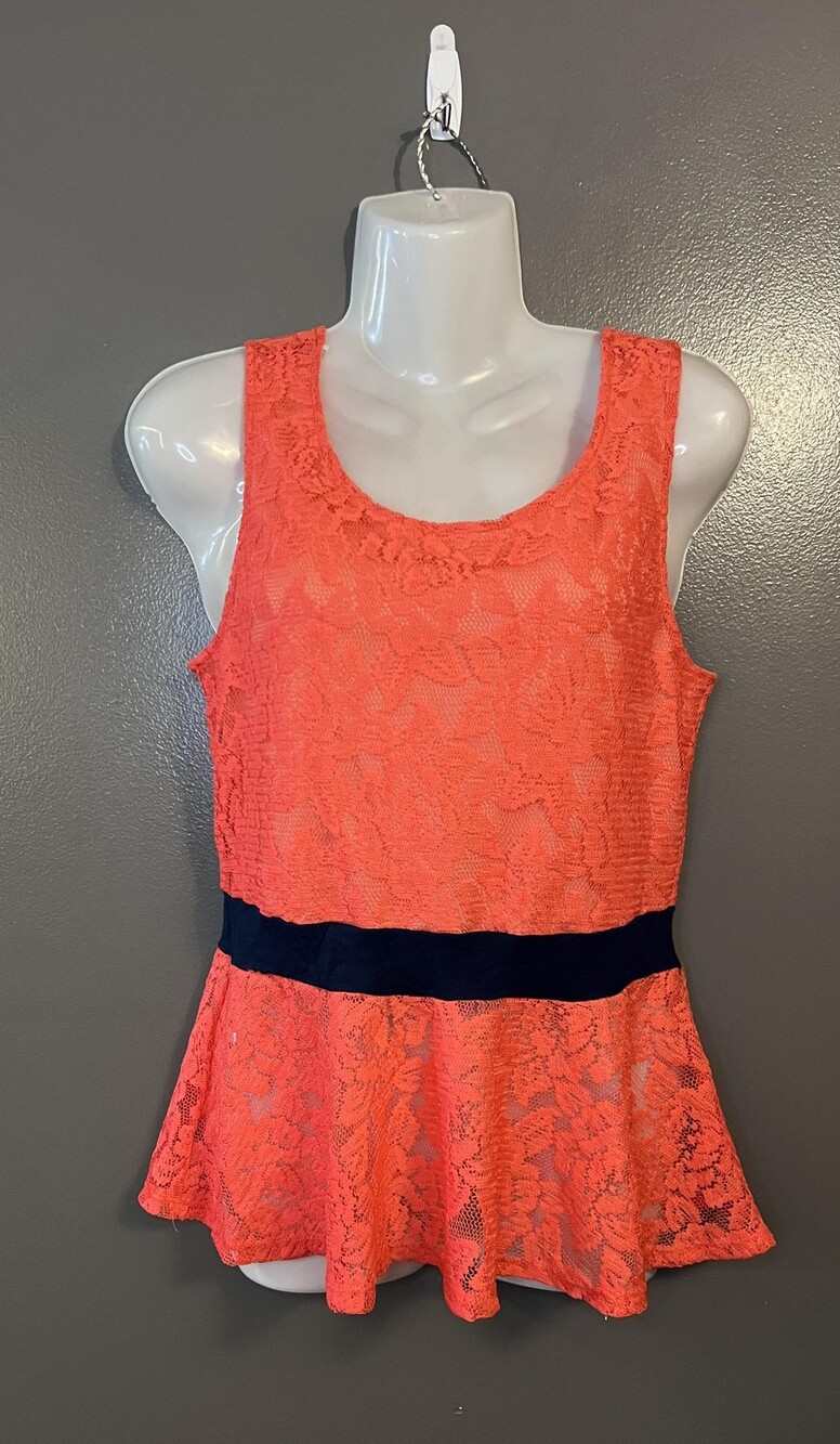 Rainbow Peplum Top Womens M Coral Lace Sleeveless Tank Black Waistband Layered